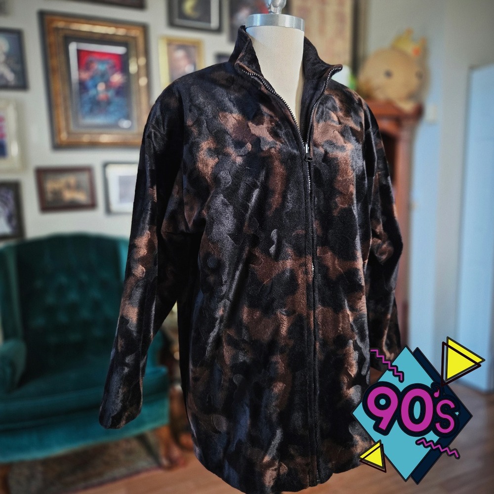 Elnora Faux Fur Jacket Vintage‎ 90s Brown Black Abstract Plush Zip Coat Large